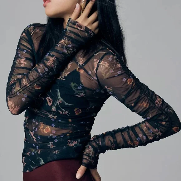 🖤 Maeve by Anthropologie Floral Sheer Mesh Long Sleeve Top | Size L - Picture 1 of 10
